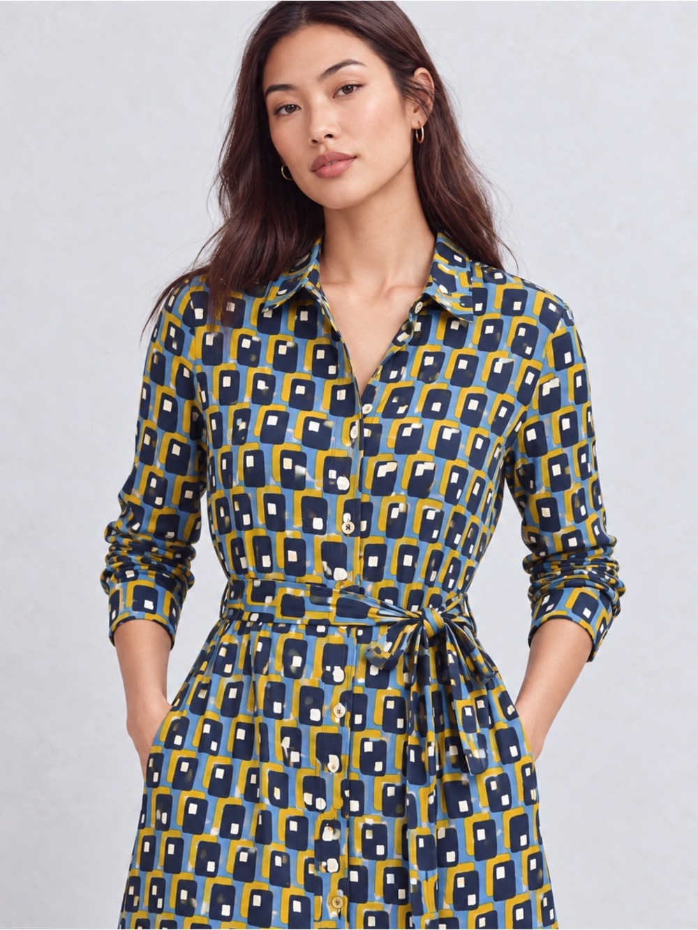 Boden Geometric Jersey Shirt Dress Blue Mustard Belted Long US 8L